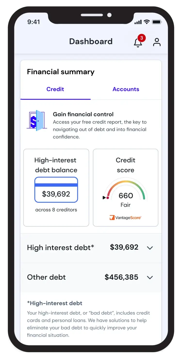 A dashboard showing a Get Out of Debt plan and their credit summary with FICO score and total debt.